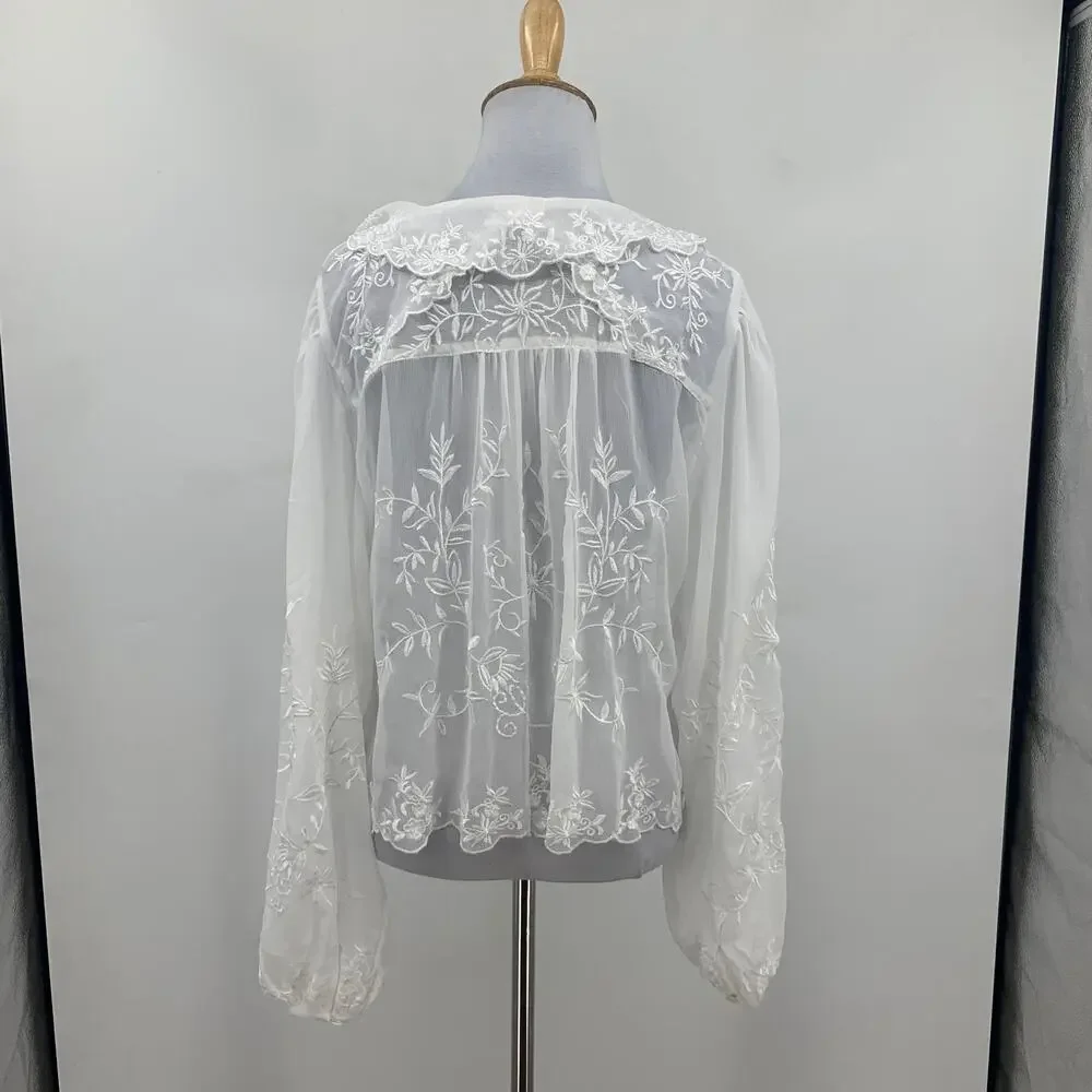 Free People Poncho Cape Womens S Small? White Tie Front Floral Embroidered Sheer